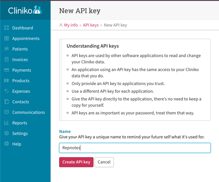Cliniko API Key